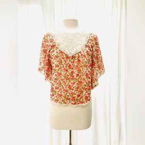 Pink Floral Print Shawl with Lace and Fringe